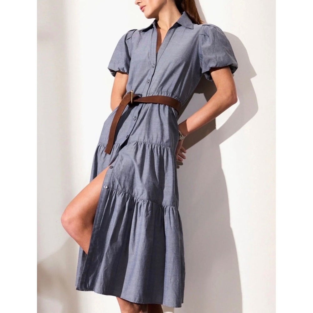 Brochu Walker Havana Dress in Washed Slate Blue XS Short Sleeve Tiered Midi